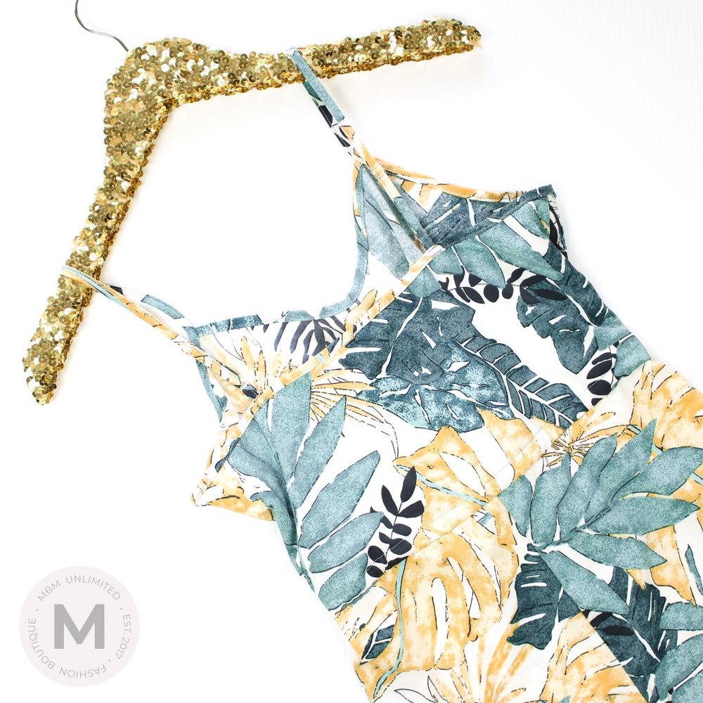 White Green Tropical Print Ruffle High Low Dress - Picture 9 of 9